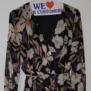 Black Multi-Color Floral Mini Dress Sheer Bell Sleeves Size S